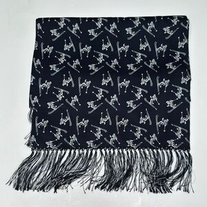 Drake’s Navy and White Retro Ski Print Silk Scarf with Fringe